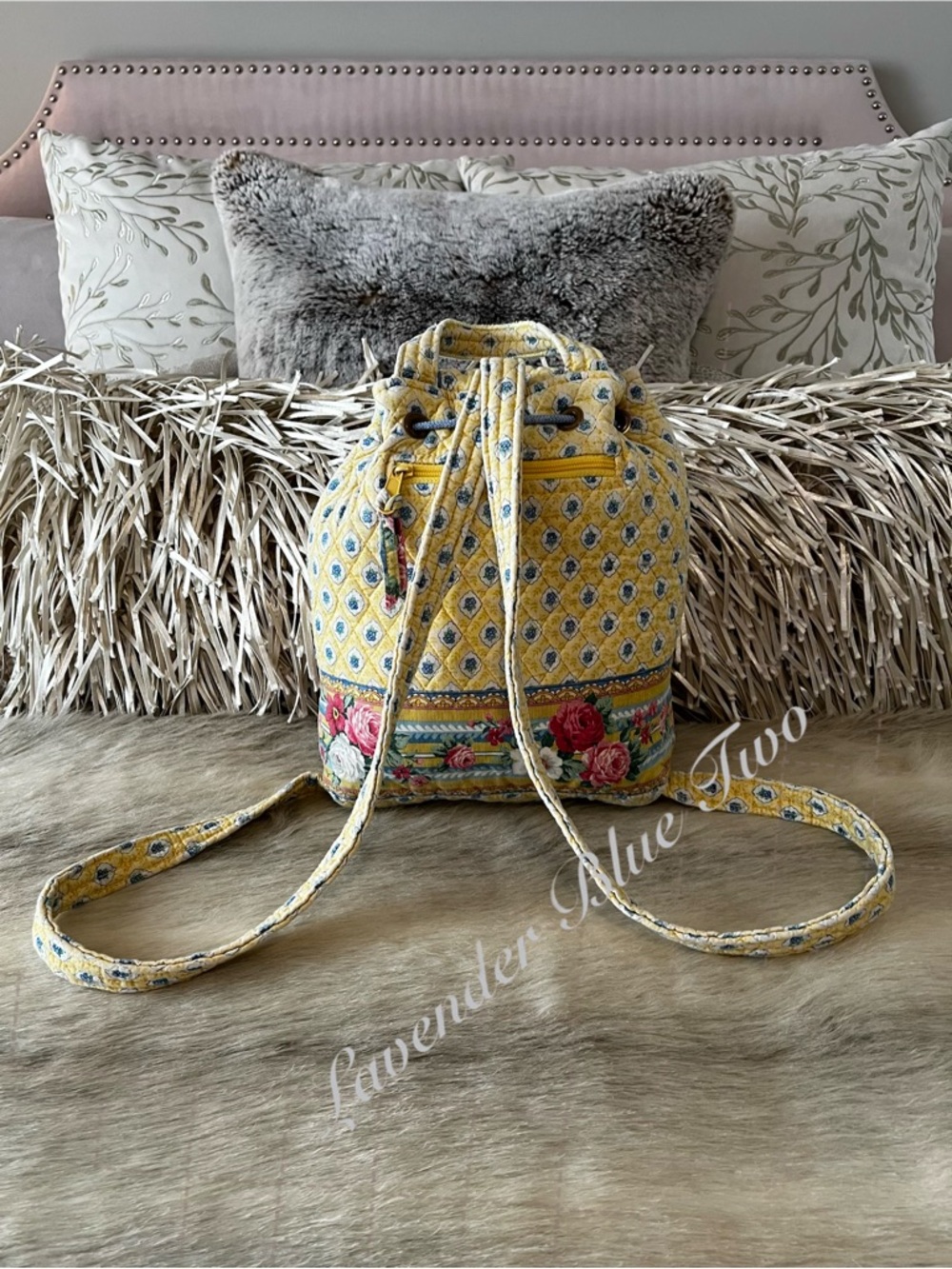 Vintage VERA BRADLEY Elizabeth 1997 Flap Drawstring Backpack Yellow Blue Indiana - Picture 6 of 16